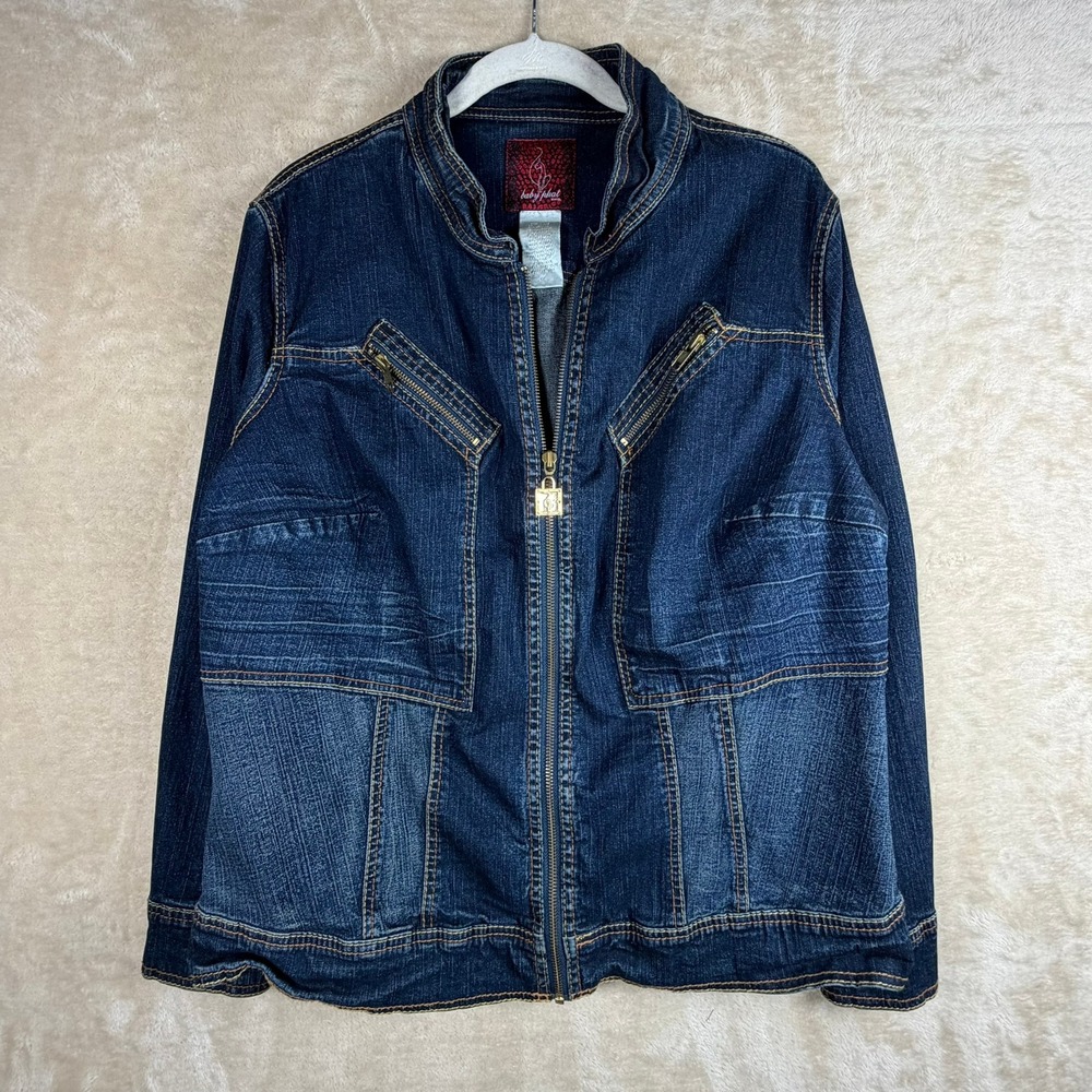 Baby Phat Womens Dark Wash Denim Zip Up Jacket Mock Neck Gold Logo 1X